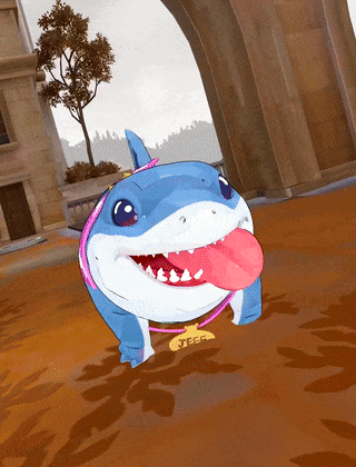 A Cartoon Shark With Its Tongue Hanging Out Is Wearing A Pink Ring That Says ' Nfp ' On It GIF