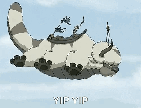 A Cartoon Sheep Is Flying Through The Air With A Group Of People Riding On Its Back . GIF