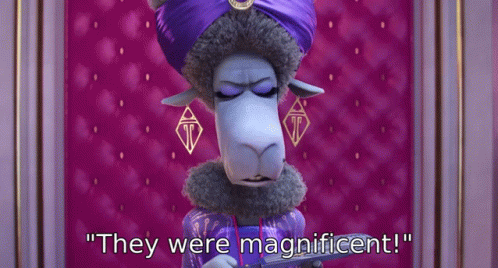 A Cartoon Sheep Says " They Were Magnificent " In Front Of A Purple Background GIF