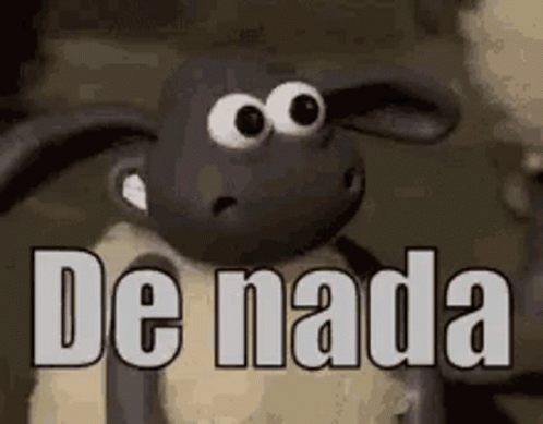 A Cartoon Sheep With Big Eyes And The Words `` De Nada '' Written On It . GIF