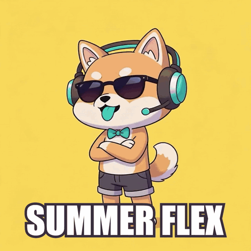 A Cartoon Shiba Inu Wearing Headphones And Sunglasses With The Words Summer Flex Below It GIF