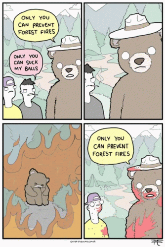 A Cartoon Shows A Bear Talking To A Man Who Is Smoking A Cigarette And Says Only You Can Prevent Forest Fires GIF