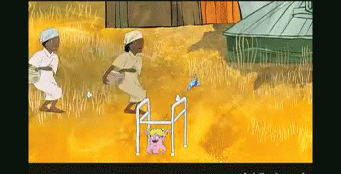 A Cartoon Shows A Girl In A Walker And A Man In A White Robe GIF