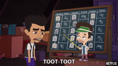 A Cartoon Shows A Man Pointing At A Board That Says Toot-Toot GIF