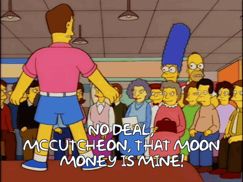 A Cartoon Shows A Man Standing In Front Of A Crowd With The Words No Deal Mccutcheon That Moon Money Is Mine GIF