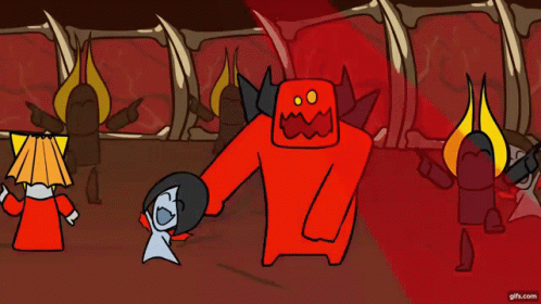A Cartoon Shows A Red Monster With Horns And A Yellow Flame GIF