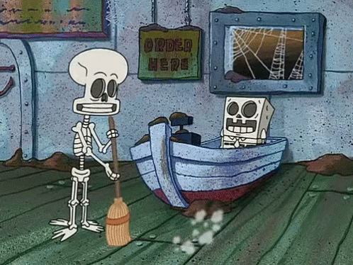 A Cartoon Skeleton Holding A Broom Next To A Sign That Says Order Here GIF