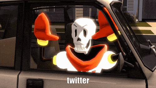 Skeleton In Car With Twitter Text GIF