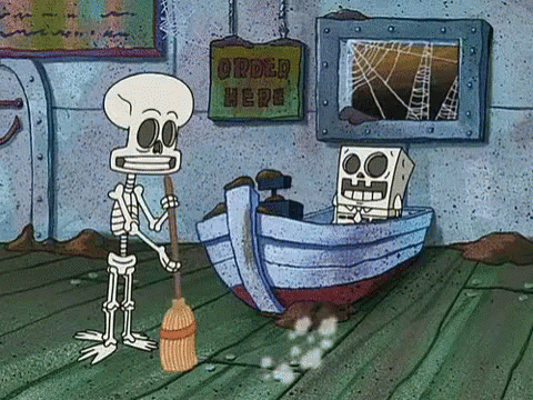 A Cartoon Skeleton Is Holding A Broom Next To A Sign That Says Order Here GIF