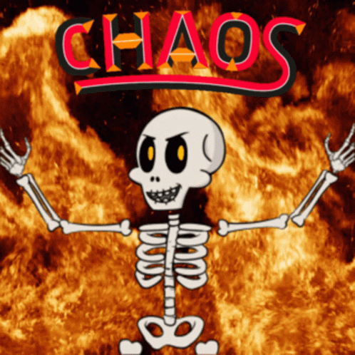 A Cartoon Skeleton Is Standing In Front Of A Chaos Sign GIF