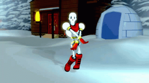 A Cartoon Skeleton Standing In The Snow In Front Of A House GIF