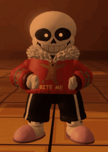 A Cartoon Skeleton Wearing A Sweater That Says Bite Me GIF