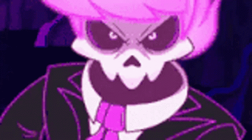 A Cartoon Skeleton With Pink Hair And A Suit And Tie Is Looking At The Camera . GIF