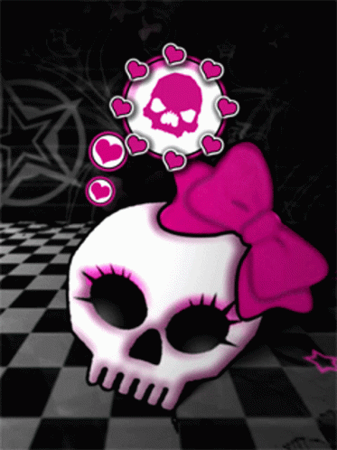 A Cartoon Skull With A Pink Bow And Hearts GIF