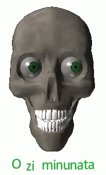 A Cartoon Skull With Green Eyes And Teeth Is Smiling And Says O Zi Minunata . GIF