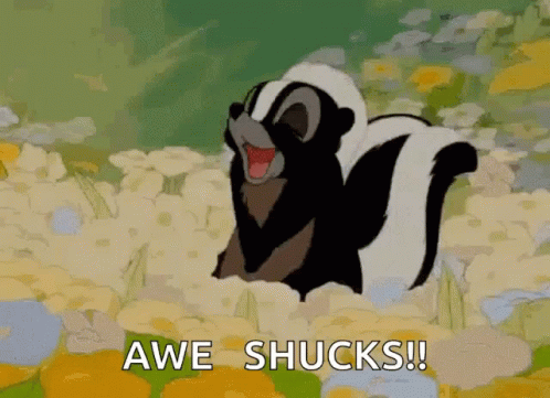A Cartoon Skunk Is Standing In A Field Of Flowers And The Caption Says Awe Shucks GIF