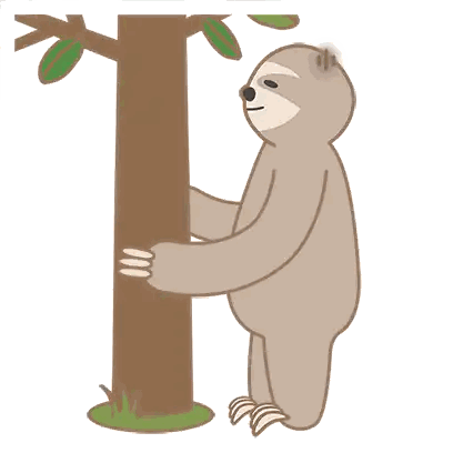 a cartoon sloth hugging a tree with leaves on it