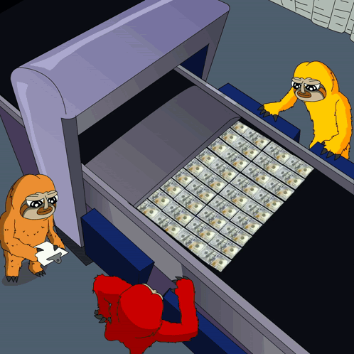 A Cartoon Sloth Is Looking At A Conveyor Belt Filled With Money GIF