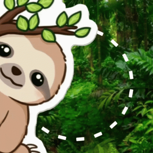 A Cartoon Sloth Is Peeking Out From Behind A Tree Branch With Leaves GIF