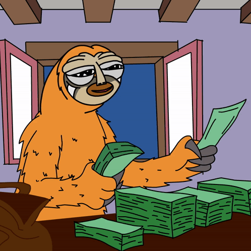 A Cartoon Sloth Is Sitting At A Table With Stacks Of Money GIF