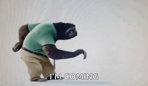 A Cartoon Sloth Wearing A Green Shirt And Khaki Pants Is Walking And Saying `` I 'M Coming '' . GIF