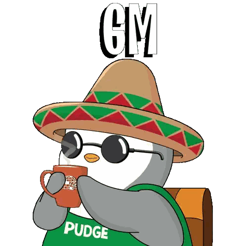 a cartoon sloth wearing a sombrero and sunglasses drinking from a mug with the letters gm above him