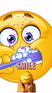 A Cartoon Smiley Face Is Brushing His Teeth With A Purple Toothbrush And Smiling GIF