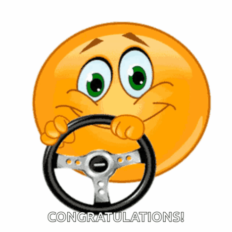 A Cartoon Smiley Face Is Holding A Steering Wheel And The Words Congratulations Are Below It GIF