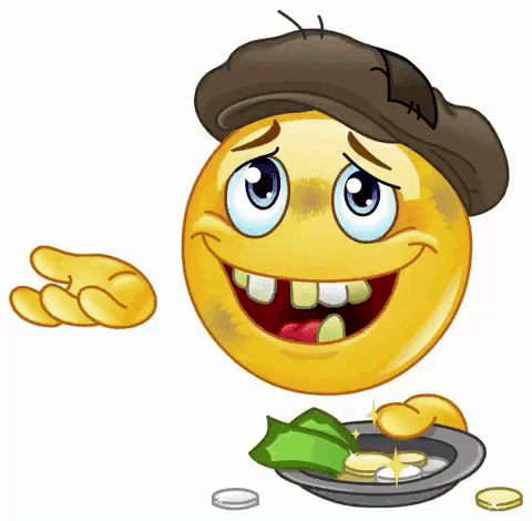 A Cartoon Smiley Face Wearing A Hat Is Holding A Plate Of Money . GIF