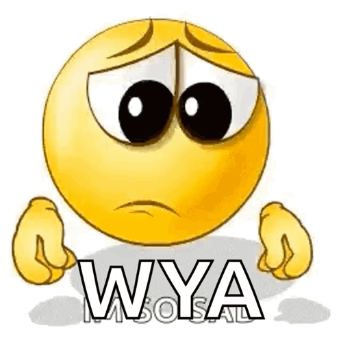 A Cartoon Smiley Face With A Sad Look On His Face And The Word Wya Written Below It . GIF