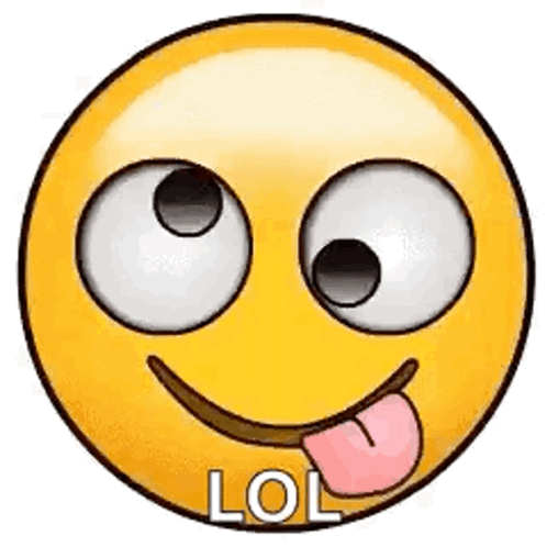 A Cartoon Smiley Face With A Tongue Sticking Out And The Words Lol Written Below It . GIF