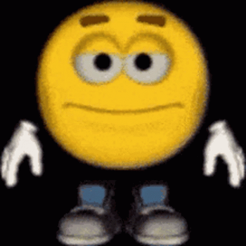 a cartoon smiley face with arms and legs is wearing a pair of blue jeans and white gloves .