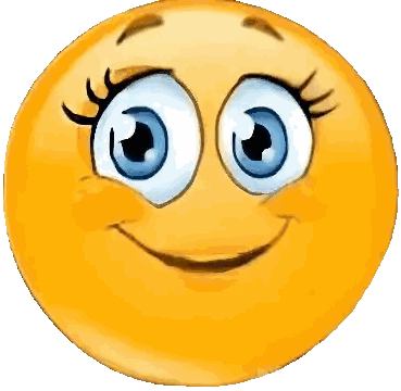 a cartoon smiley face with blue eyes and lashes
