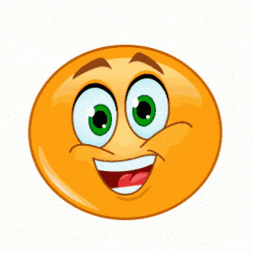 a cartoon smiley face with green eyes and a smile