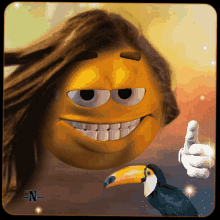 A Cartoon Smiley Face With Long Hair And A Toucan In The Background GIF