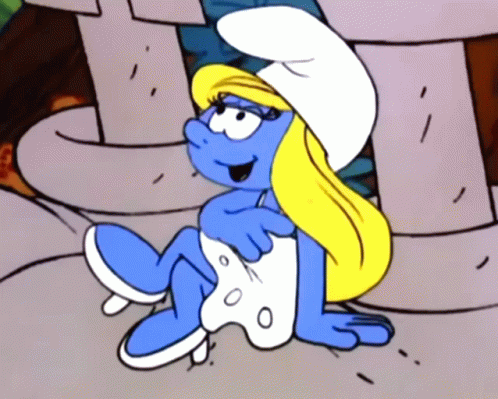 A Cartoon Smurf Wearing A White Dress And A White Hat GIF
