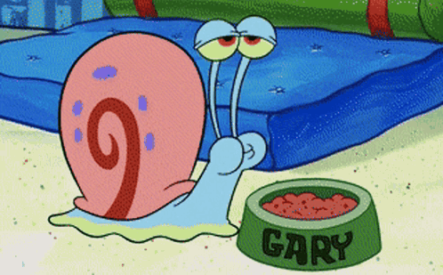 A Cartoon Snail Named Gary Is Eating From A Bowl Of Food GIF