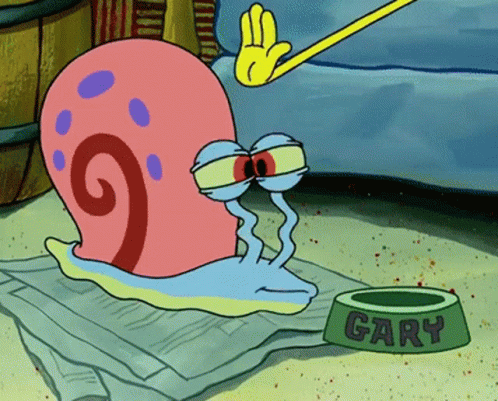 A Cartoon Snail Named Gary Sits Next To A Bowl Of Food GIF