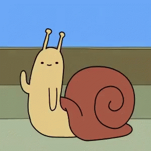 A Cartoon Snail With A Red Shell Is Sitting On A Concrete Surface GIF