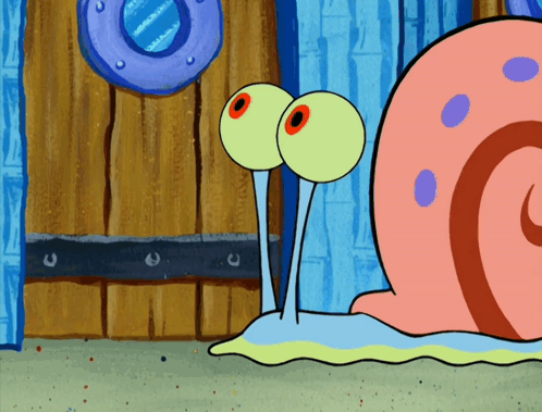 A Cartoon Snail With Big Eyes Is Looking At Something GIF