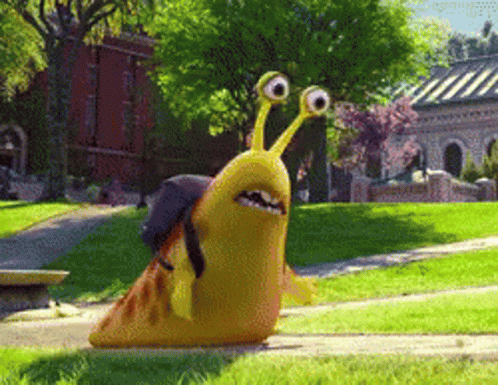A Cartoon Snail With Big Eyes Is Walking Down A Sidewalk In A Park GIF