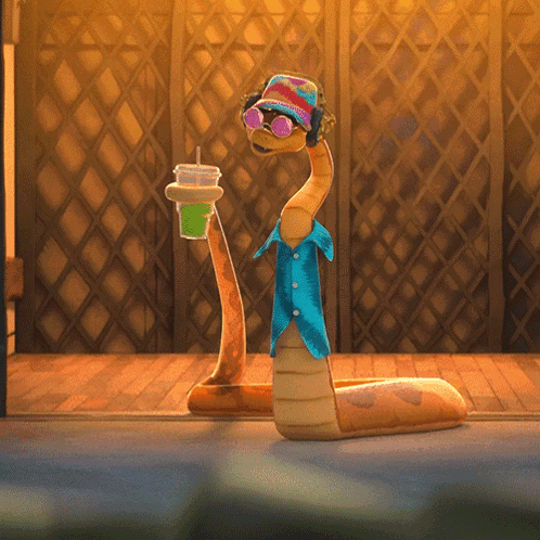 A Cartoon Snake Wearing Sunglasses And Headphones Is Holding A Cup Of Green Liquid GIF