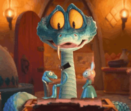 A Cartoon Snake With A Sword In Its Mouth Is Standing Next To A Rabbit In A Room . GIF