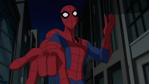 a cartoon spider-man is standing in front of a building