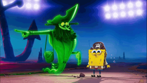 A Cartoon Spongebob And A Green Ghost With A Skull And Crossbones Hat GIF