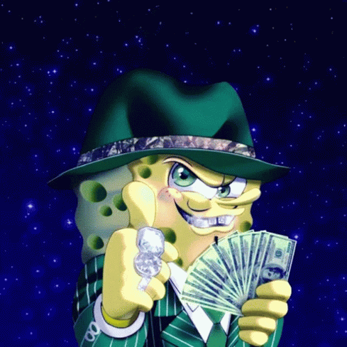 A Cartoon Spongebob Holding A Fan Of Money And A Pipe GIF