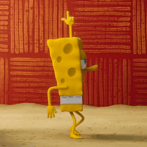 A Cartoon Spongebob Squarepants Character Is Standing In Front Of A Red Wall GIF