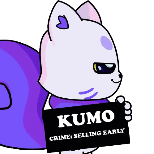 a cartoon squirrel holding a sign that says kumo crime selling early