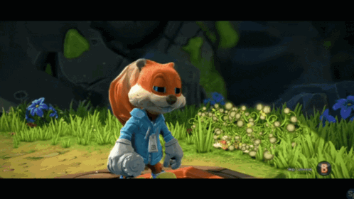 A Cartoon Squirrel In A Blue Jacket Is Standing In A Field With The Letter B On The Bottom Right GIF