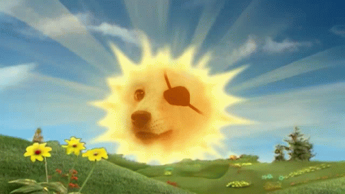 A Cartoon Sun With A Dog 'S Face On It In A Field GIF